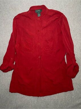 Lauren Ralph Lauren Women’s Silk Shirt Mandarin Collar size M Red Roll Sleeves